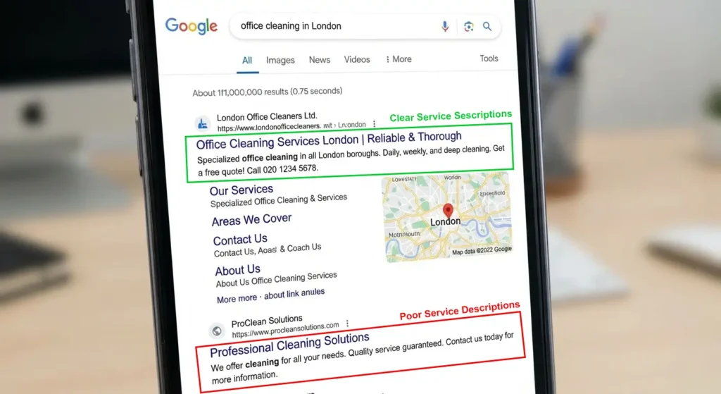 Google search results showing a clear business website and a poor website.